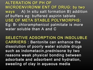 ALTERATION OF PH OFALTERATION OF PH OF
MICROENVIRONM ENT OF DRUG:MICROENVIRONM ENT OF DRUG: by twoby two
waysways A) In situ salt formation B) additionA) In situ salt formation B) addition
of buffers eg: buffered aspirin tabletsof buffers eg: buffered aspirin tablets
USE OF META STABLE POLYMORPHSUSE OF META STABLE POLYMORPHS ::
Eg: B- chloramphenicol palmitate is moreEg: B- chloramphenicol palmitate is more
water soluble than A and Cwater soluble than A and C
SELECTIVE ADSORPTION ON INSOLUBLESELECTIVE ADSORPTION ON INSOLUBLE
CARRIERSCARRIERS : Bentonite can enhance the: Bentonite can enhance the
dissolution of poorly water soluble drugsdissolution of poorly water soluble drugs
such as indometacin,prednisone by twosuch as indometacin,prednisone by two
reasons weak physical bonding betweenreasons weak physical bonding between
adsorbate and adsorbent and hydration,adsorbate and adsorbent and hydration,
sweeling of clay in aqueous mediasweeling of clay in aqueous media
 