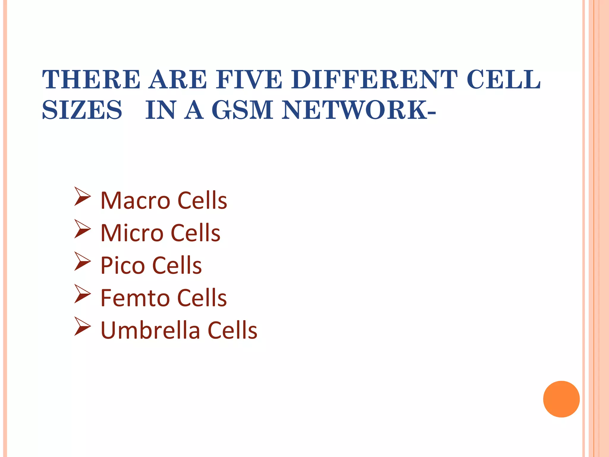 THERE ARE FIVE DIFFERENT CELL
SIZES IN A GSM NETWORK-
 Macro Cells
 Micro Cells
 Pico Cells
 Femto Cells
 Umbrella Cells
 