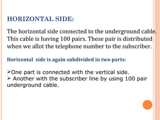 HORIZONTAL SIDE:
The horizontal side connected to the underground cable.
This cable is having 100 pairs. These pair is distributed
when we allot the telephone number to the subscriber.
Horizontal side is again subdivided in two parts:
One part is connected with the vertical side.
 Another with the subscriber line by using 100 pair
underground cable.
 