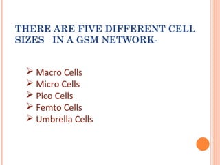 THERE ARE FIVE DIFFERENT CELL
SIZES IN A GSM NETWORK-
 Macro Cells
 Micro Cells
 Pico Cells
 Femto Cells
 Umbrella Cells
 
