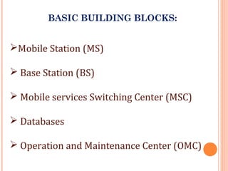 BASIC BUILDING BLOCKS:
Mobile Station (MS)
 Base Station (BS)
 Mobile services Switching Center (MSC)
 Databases
 Operation and Maintenance Center (OMC)
 