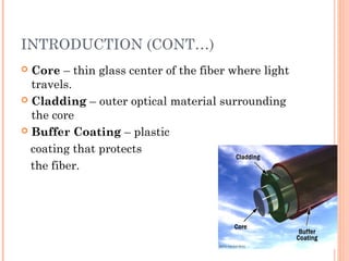 INTRODUCTION (CONT…)
 Core – thin glass center of the fiber where light
travels.
 Cladding – outer optical material surrounding
the core
 Buffer Coating – plastic
coating that protects
the fiber.
 