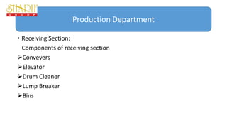• Receiving Section:
Components of receiving section
Conveyers
Elevator
Drum Cleaner
Lump Breaker
Bins
Production Department
 