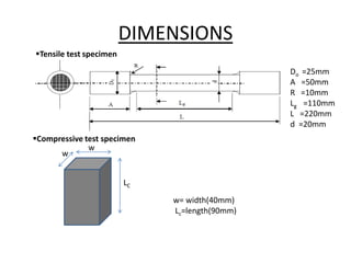 DIMENSIONS
Do =25mm
A =50mm
R =10mm
Lg =110mm
L =220mm
d =20mm
w
w
LC
w= width(40mm)
Lc=length(90mm)
Tensile test specimen
Compressive test specimen
 