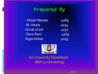 Prepared By
Ahsan Nawaz
M. Awais
Qurat ul ain
Sana Rani
Aqsa Gohar

4169
4154
4151
4169
4193

GC University Faisalabad
BBA (3 rd evening)
2/1/2014

3

 