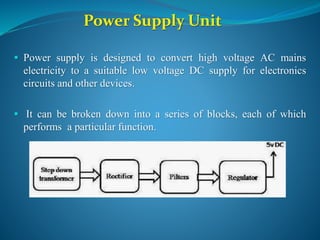 Power Supply Unit
 Power supply is designed to convert high voltage AC mains
electricity to a suitable low voltage DC supply for electronics
circuits and other devices.
 It can be broken down into a series of blocks, each of which
performs a particular function.
 