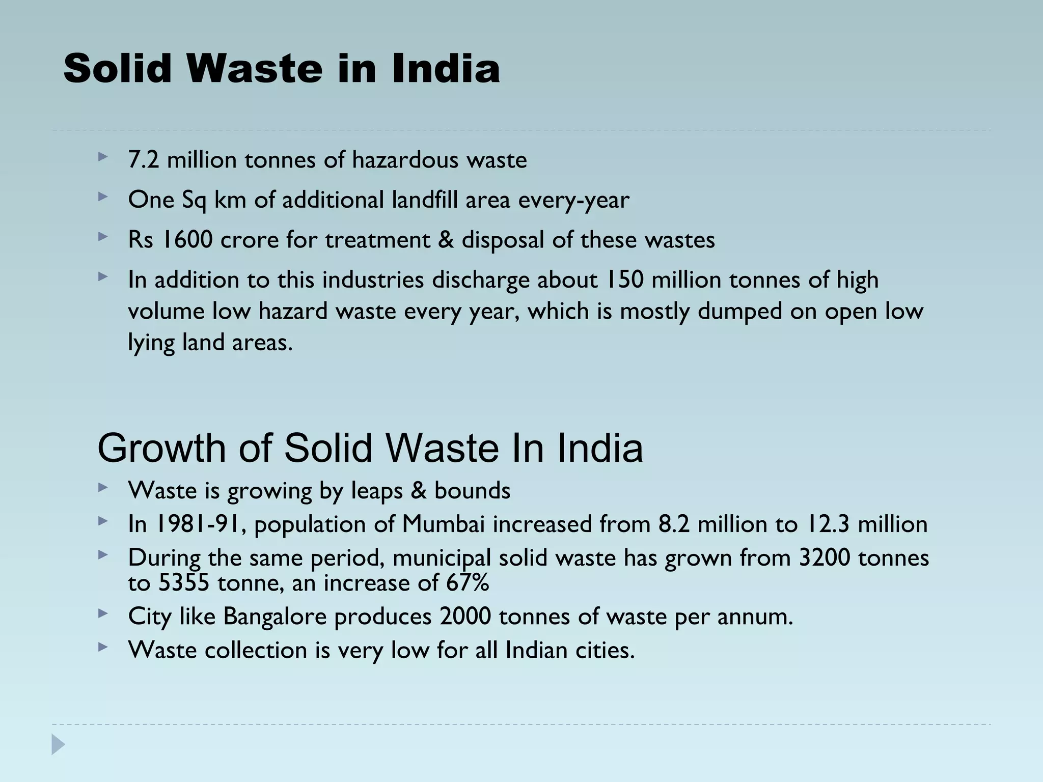 Solid Waste in India
 7.2 million tonnes of hazardous waste
 One Sq km of additional landfill area every-year
 Rs 1600 crore for treatment & disposal of these wastes
 In addition to this industries discharge about 150 million tonnes of high
volume low hazard waste every year, which is mostly dumped on open low
lying land areas.
Growth of Solid Waste In India
 Waste is growing by leaps & bounds
 In 1981-91, population of Mumbai increased from 8.2 million to 12.3 million
 During the same period, municipal solid waste has grown from 3200 tonnes
to 5355 tonne, an increase of 67%
 City like Bangalore produces 2000 tonnes of waste per annum.
 Waste collection is very low for all Indian cities.
 