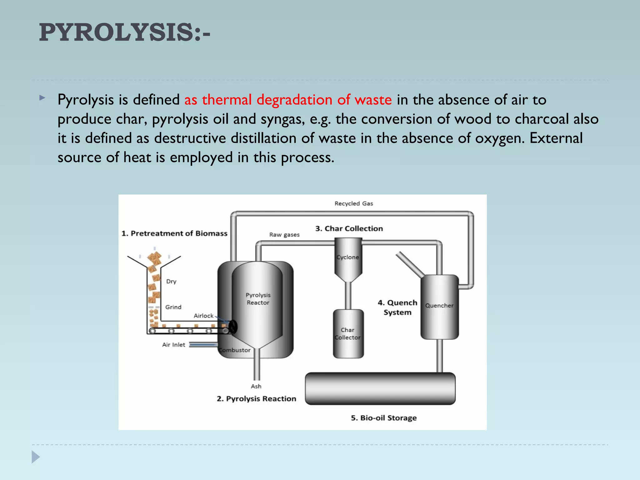 PYROLYSIS:-
 Pyrolysis is defined as thermal degradation of waste in the absence of air to
produce char, pyrolysis oil and syngas, e.g. the conversion of wood to charcoal also
it is defined as destructive distillation of waste in the absence of oxygen. External
source of heat is employed in this process.
 