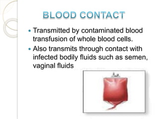  Transmitted by contaminated blood
transfusion of whole blood cells.
 Also transmits through contact with
infected bodily fluids such as semen,
vaginal fluids.
 