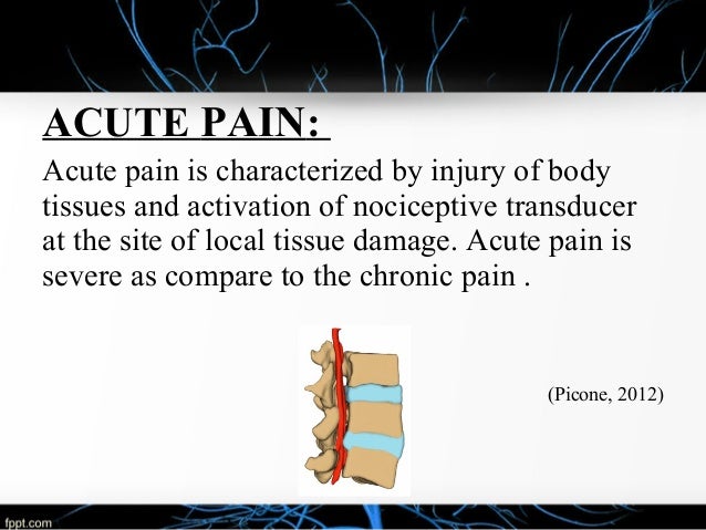 theory of acute pain management essay Chronic pain is a complex and confusing problem unlike acute pain, which is well correlated with injury, chronic pain is often unrelated to tissue damageit might be driven by a wide variety of factors like sleep, mood, thoughts, or emotions. theory of acute pain management essay Chronic pain is a complex and confusing problem unlike acute pain, which is well correlated with injury, chronic pain is often unrelated to tissue damageit might be driven by a wide variety of factors like sleep, mood, thoughts, or emotions.