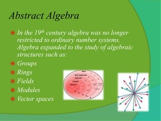 Abstract Algebra 
 In the 19th century algebra was no longer 
restricted to ordinary number systems. 
Algebra expanded to the study of algebraic 
structures such as: 
 Groups 
 Rings 
 Fields 
 Modules 
 Vector spaces 
 