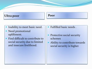 Ultra poor Poor 
 Inability to meet basic need. 
 Need promotional 
upliftment. 
 Find difficult to contribute to 
social security due to limited 
and insecure livelihood. 
 Fulfilled basic needs . 
 Protective social security 
schemes 
 Ability to contribute towards 
social security is higher. 
 