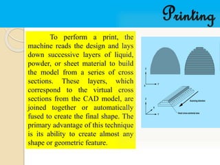 Printing
To perform a print, the
machine reads the design and lays
down successive layers of liquid,
powder, or sheet material to build
the model from a series of cross
sections. These layers, which
correspond to the virtual cross
sections from the CAD model, are
joined together or automatically
fused to create the final shape. The
primary advantage of this technique
is its ability to create almost any
shape or geometric feature.
 