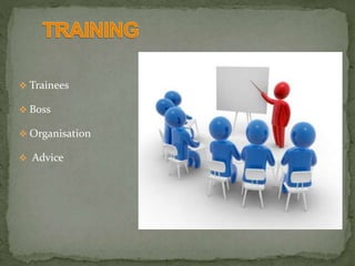  Trainees
 Boss
 Organisation
 Advice
 