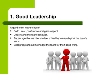 1. Good Leadership
A good team leader should:
 Build trust ,confidence and gain respect.
 Understand the team behavior.
 Encourage the members to feel a healthy “ownership” of the team’s
work.
 Encourage and acknowledge the team for their good work.
 