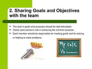 2. Sharing Goals and Objectives
with the team
 The team’s goals and purposes should be well articulated.
 Clarify each person’s role in achieving the common purpose .
 Each member should be responsible for meeting goals and for solving
or helping to solve problems.
 