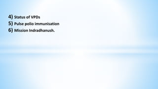 4) Status of VPDs
5) Pulse polio immunisation
6) Mission Indradhanush.
 