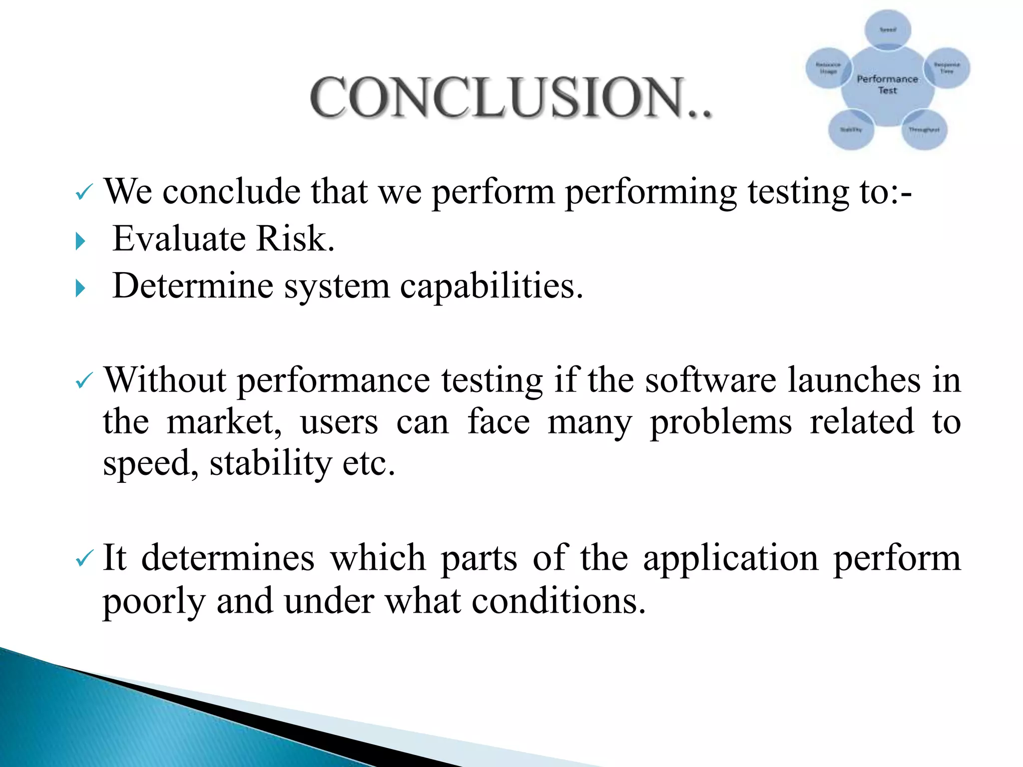  We conclude that we perform performing testing to:-
 Evaluate Risk.
 Determine system capabilities.
 Without performance testing if the software launches in
the market, users can face many problems related to
speed, stability etc.
 It determines which parts of the application perform
poorly and under what conditions.
 