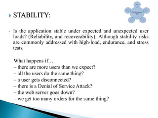  STABILITY:
• Is the application stable under expected and unexpected user
loads? (Reliability, and recoverability). Although stability risks
are commonly addressed with high-load, endurance, and stress
tests
What happens if…
– there are more users than we expect?
– all the users do the same thing?
– a user gets disconnected?
– there is a Denial of Service Attack?
– the web server goes down?
– we get too many orders for the same thing?
 