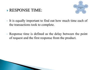  RESPONSE TIME:
• It is equally important to find out how much time each of
the transactions took to complete.
• Response time is defined as the delay between the point
of request and the first response from the product.
 