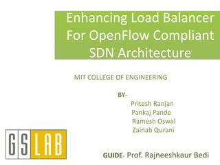 Enhancing Load Balancer
For OpenFlow Compliant
SDN Architecture
MIT COLLEGE OF ENGINEERING
BY-
Pritesh Ranjan
Pankaj Pande
Ramesh Oswal
Zainab Qurani
 