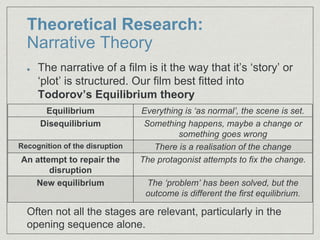 Theoretical Research:
Narrative Theory
The narrative of a film is it the way that it’s ‘story’ or
‘plot’ is structured. Our film best fitted into
Todorov’s Equilibrium theory
Often not all the stages are relevant, particularly in the
opening sequence alone.
Equilibrium Everything is ‘as normal’, the scene is set.
Disequilibrium Something happens, maybe a change or
something goes wrong
Recognition of the disruption There is a realisation of the change
An attempt to repair the
disruption
The protagonist attempts to fix the change.
New equilibrium The ‘problem’ has been solved, but the
outcome is different the first equilibrium.
 