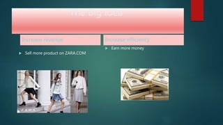 The Big Idea
Increase revenue
 Sell more product on ZARA.COM
Increase efficiency
 Earn more money
 