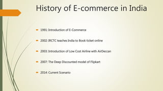 History of E-commerce in India
 1991: Introduction of E-Commerce
 2002: IRCTC teaches India to Book ticket online
 2003: Introduction of Low Cost Airline with AirDeccan
 2007: The Deep Discounted model of Flipkart
 2014: Current Scenario
 