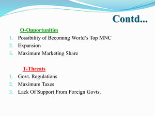 Contd...
O-Opportunities
1. Possibility of Becoming World’s Top MNC
2. Expansion
3. Maximum Marketing Share
T-Threats
1. Govt. Regulations
2. Maximum Taxes
3. Lack Of Support From Foreign Govts.
 