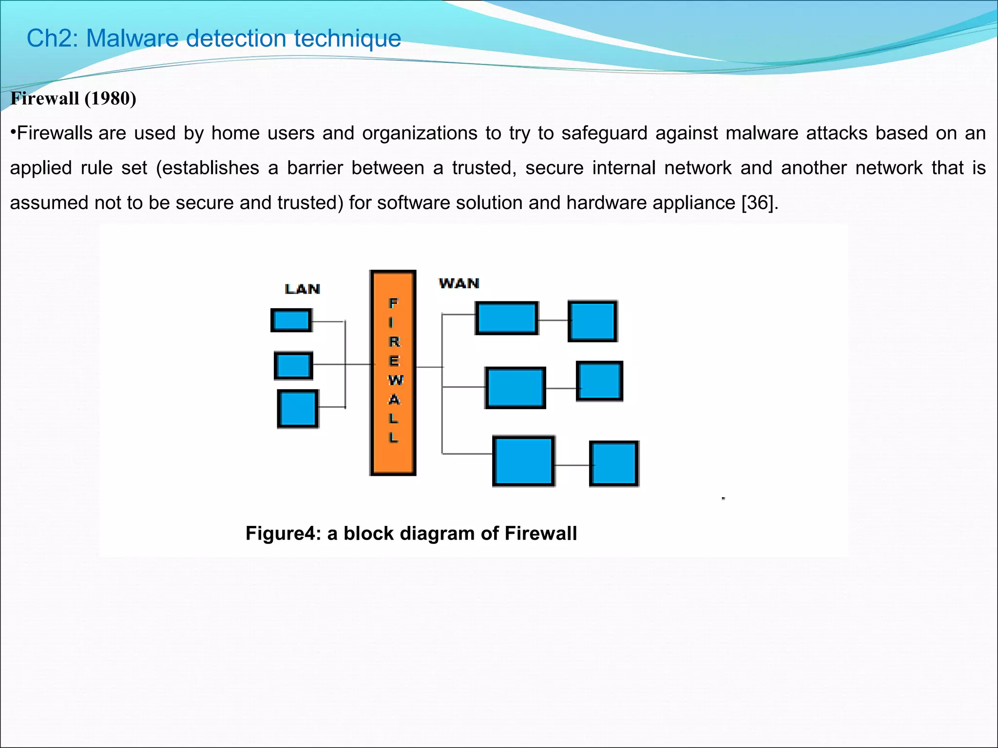 Ch2: Malware detection technique
Firewall (1980)
•Firewalls are used by home users and organizations to try to safeguard against malware attacks based on an
applied rule set (establishes a barrier between a trusted, secure internal network and another network that is
assumed not to be secure and trusted) for software solution and hardware appliance [36].
Figure4: a block diagram of Firewall
 