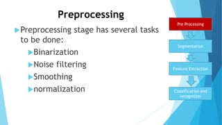 Preprocessing
Preprocessing stage has several tasks
to be done:
Binarization
Noise filtering
Smoothing
normalization
Pre Processing
Segmentation
Feature Extraction
Classification and
recognition
 
