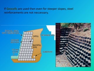 If Geocells are used then even for steeper slopes, steel
reinforcements are not neccessary.
 