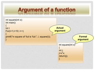 int square(int x);
Int main()
{
Int I
For(i=1;i<10; i++)
{
printf(“n square of %d is %d:”, i, square(i));
}
int square(int x)
{
int j;
j=x*x;
return(j);
}
Actual
argument
Formal
argument
 
