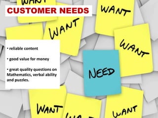 CUSTOMER NEEDS
• reliable content
• good value for money
• great quality questions on
Mathematics, verbal ability
and puzzles.
 