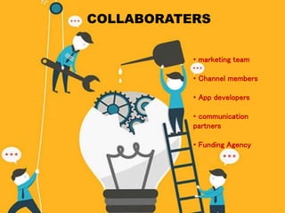 COLLABORATERS
• marketing team
• Channel members
• App developers
• communication
partners
• Funding Agency
 