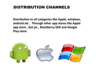 DISTRIBUTION CHANNELS
Distribution to all categories like Apple, windows,
android etc . Through other app stores like Apple
app store , Get jar , Blackberry SDK and Google
Play store.
 