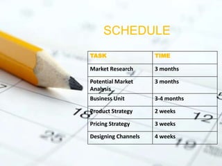 SCHEDULE
TASK TIME
Market Research 3 months
Potential Market
Analysis
3 months
Business Unit 3-4 months
Product Strategy 2 weeks
Pricing Strategy 3 weeks
Designing Channels 4 weeks
 