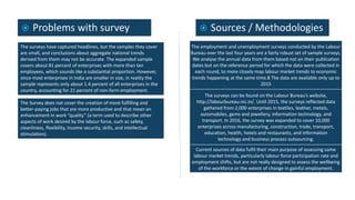  Problems with survey
The surveys have captured headlines, but the samples they cover
are small, and conclusions about aggregate national trends
derived from them may not be accurate. The expanded sample
covers about 81 percent of enterprises with more than ten
employees, which sounds like a substantial proportion. However,
since most enterprises in India are smaller in size, in reality the
sample represents only about 1.4 percent of all enterprises in the
country, accounting for 21 percent of non-farm employment.
Source : McKinsey
 Sources / Methodologies
The employment and unemployment surveys conducted by the Labour
Bureau over the last four years are a fairly robust set of sample surveys.
We analyse the annual data from them based not on their publication
dates but on the reference period for which the data were collected in
each round, to more closely map labour market trends to economic
trends happening at the same time.8 The data are available only up to
2015
The surveys can be found on the Labour Bureau’s website,
http://labourbureau.nic.in/. Until 2015, the surveys reflected data
gathered from 2,000 enterprises in textiles, leather, metals,
automobiles, gems and jewellery, information technology, and
transport. In 2016, the survey was expanded to cover 10,000
enterprises across manufacturing, construction, trade, transport,
education, health, hotels and restaurants, and information
technology and business process outsourcing.
Current sources of data fulfil their main purpose of assessing some
labour market trends, particularly labour force participation rate and
employment shifts, but are not really designed to assess the wellbeing
of the workforce or the extent of change in gainful employment.
The Survey does not cover the creation of more fulfilling and
better-paying jobs that are more productive and that mean an
enhancement in work “quality” (a term used to describe other
aspects of work desired by the labour force, such as safety,
cleanliness, flexibility, income security, skills, and intellectual
stimulation).
 