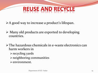 A good way to increase a product's lifespan.
 Many old products are exported to developing
countries.
The hazardous chemicals in e-waste electronics can
harm workers in
 recycling yards
 neighboring communities
 environment.
74Department of ECE -Sudar
 
