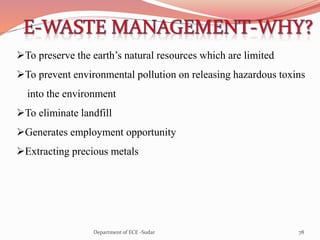 To preserve the earth’s natural resources which are limited
To prevent environmental pollution on releasing hazardous toxins
into the environment
To eliminate landfill
Generates employment opportunity
Extracting precious metals
78Department of ECE -Sudar
 