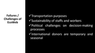Failures /
Challenges of
EcoWeb
Transportation purposes
Sustainability of staffs and workers
Political challenges on decision-making
processes
International donors are temporary and
seasonal
 