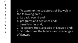 1. To examine the structures of Ecoweb in
the following areas:
a. its background and;
b. programs and activities and;
c. beneficiaries and;
2. To explore the successes of Ecoweb and;
3. To determine the failures and challenges
of Ecoweb
O
B
J
E
C
T
I
V
E
S
 