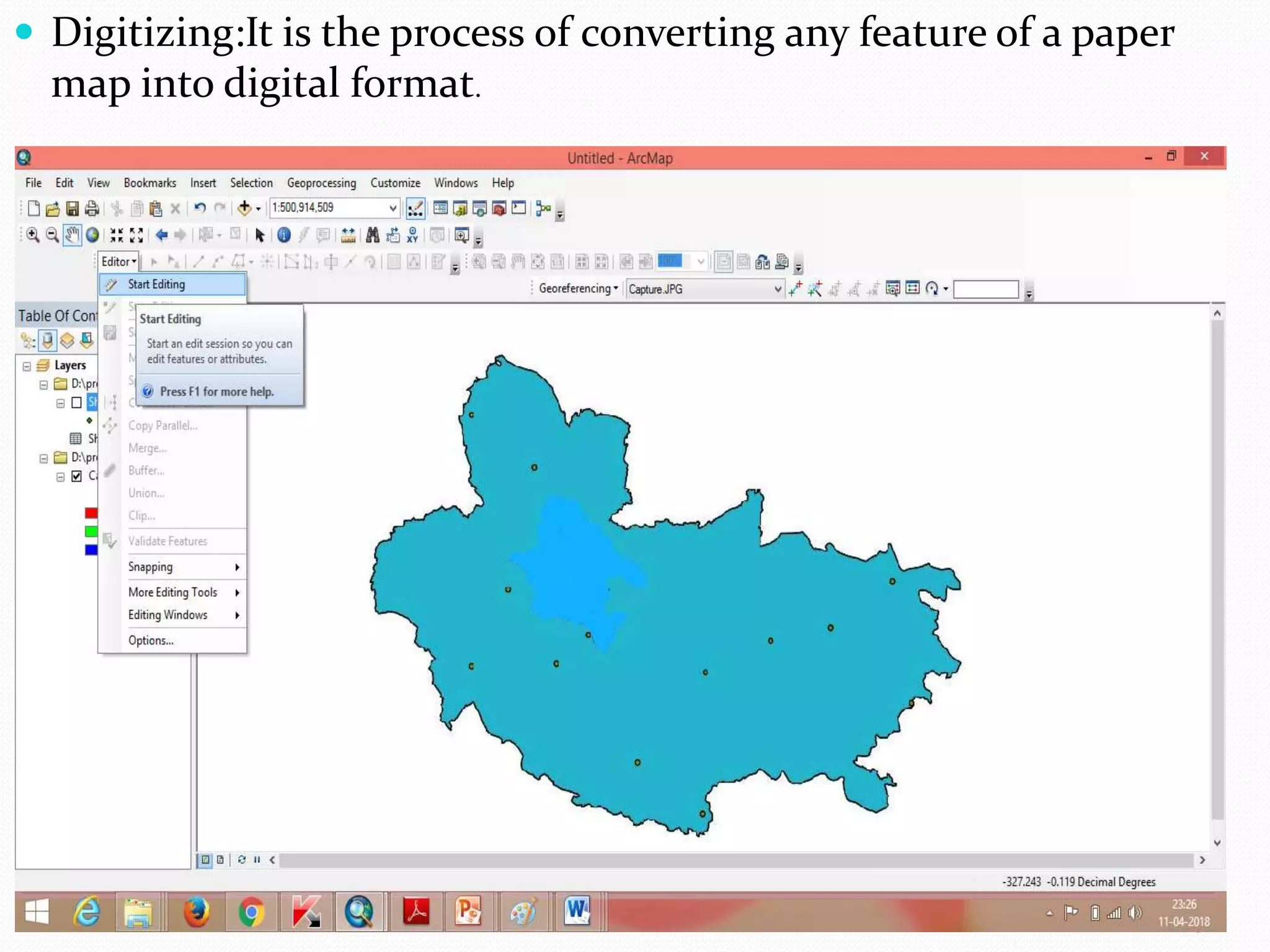  Digitizing:It is the process of converting any feature of a paper
map into digital format.
23
 