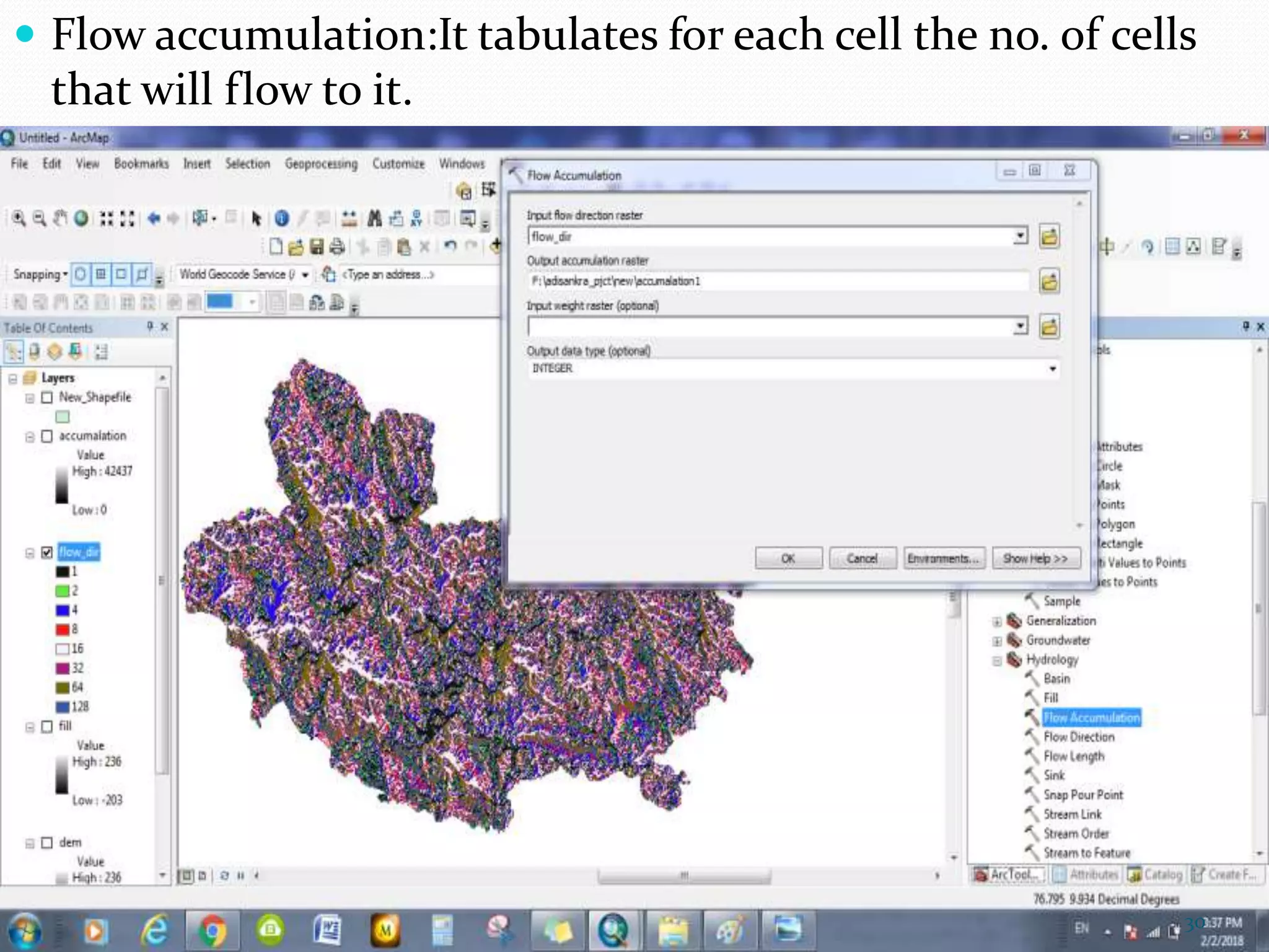  Flow accumulation:It tabulates for each cell the no. of cells
that will flow to it.
30
 
