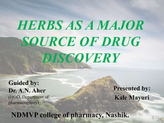 HERBS AS A MAJOR
SOURCE OF DRUG
DISCOVERY
Presented by:
Kale Mayuri
pg no 1NDMVP college of pharmacy, Nashik.
Guided by:
Dr. A.N. Aher
(HOD, Department of
pharmacognosy)
 