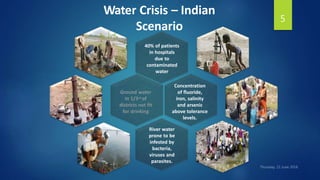 Water Crisis – Indian
Scenario
River water
prone to be
infested by
bacteria,
viruses and
parasites.
40% of patients
in hospitals
due to
contaminated
water
Ground water
in 1/3rd of
districts not fit
for drinking
Concentration
of fluoride,
iron, salinity
and arsenic
above tolerance
levels.
5
 