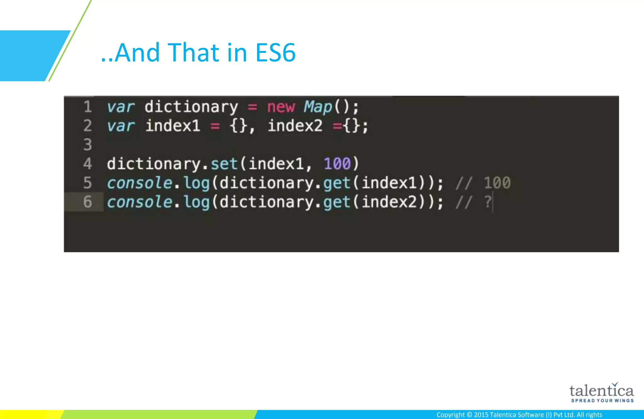 Copyright © 2015 Talentica Software (I) Pvt Ltd. All rightsCopyright © 2015 Talentica Software (I) Pvt Ltd. All rights
..And That in ES6
 