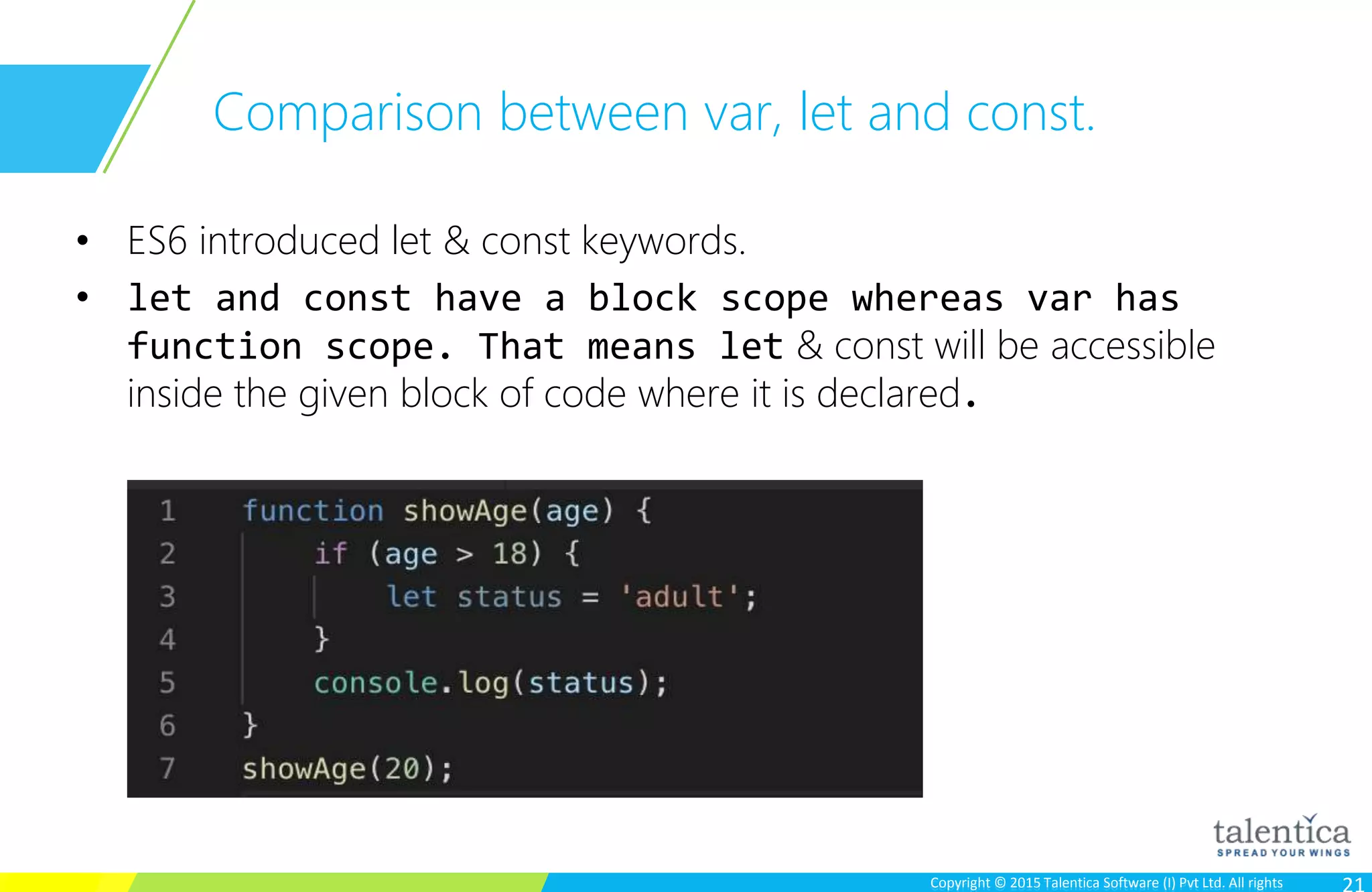 Copyright © 2015 Talentica Software (I) Pvt Ltd. All rightsCopyright © 2015 Talentica Software (I) Pvt Ltd. All rights
Comparison between var, let and const.
• ES6 introduced let & const keywords.
• let and const have a block scope whereas var has
function scope. That means let & const will be accessible
inside the given block of code where it is declared.
 