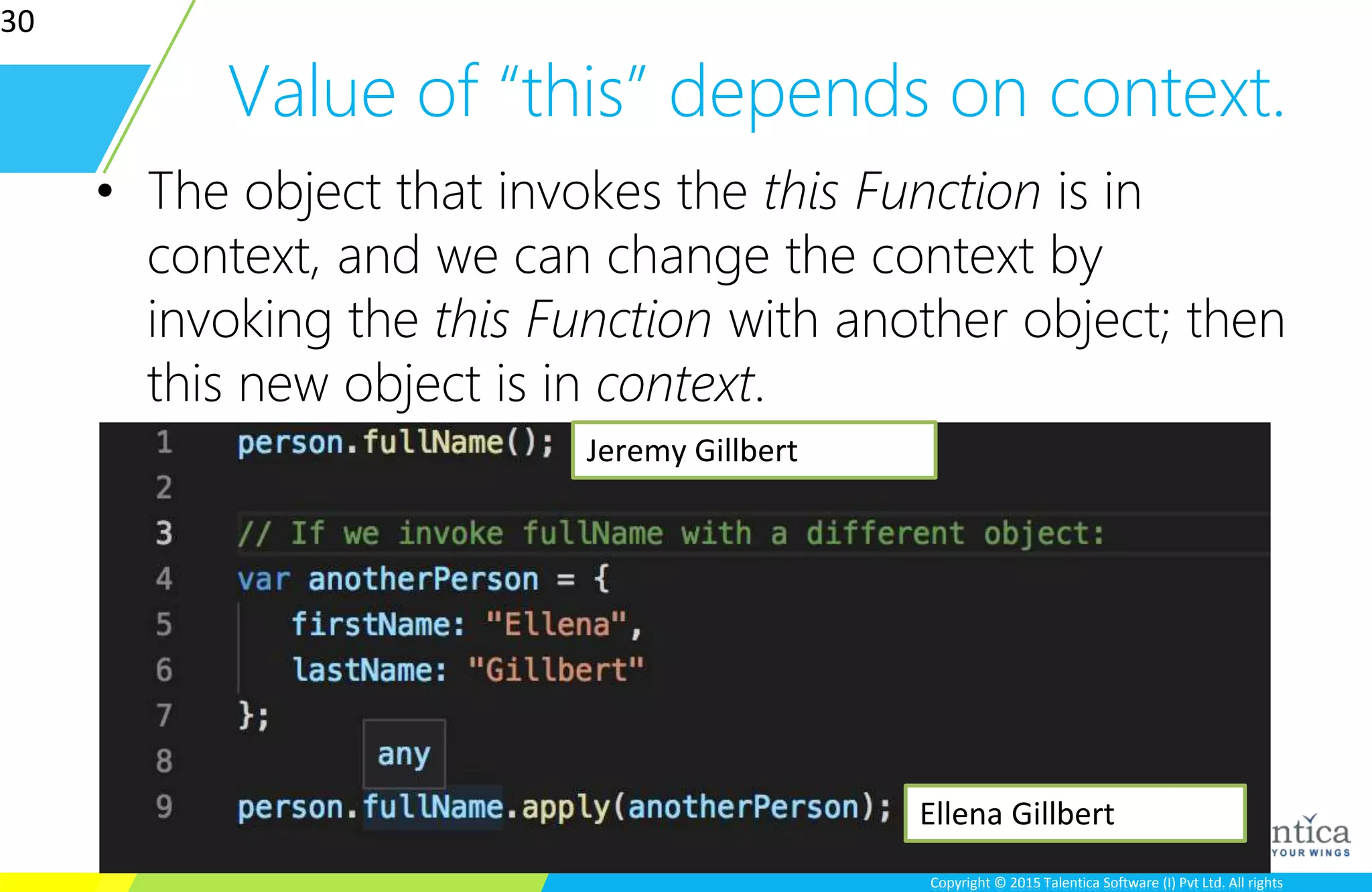 Copyright © 2015 Talentica Software (I) Pvt Ltd. All rightsCopyright © 2015 Talentica Software (I) Pvt Ltd. All rights
Value of “this” depends on context.
• The object that invokes the this Function is in
context, and we can change the context by
invoking the this Function with another object; then
this new object is in context.
30
Jeremy Gillbert
Ellena Gillbert
 