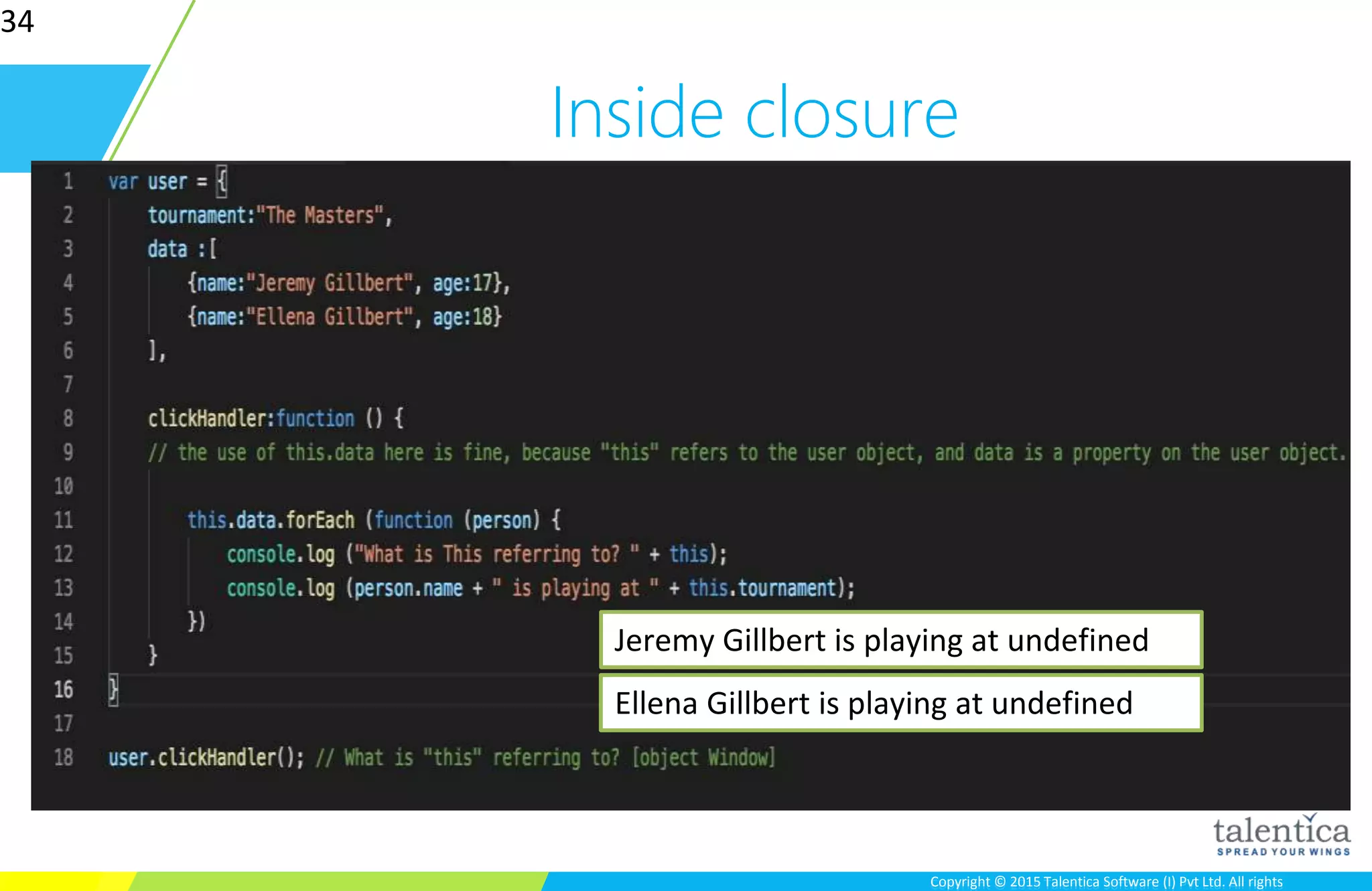 Copyright © 2015 Talentica Software (I) Pvt Ltd. All rightsCopyright © 2015 Talentica Software (I) Pvt Ltd. All rights
Inside closure
34
Jeremy Gillbert is playing at undefined
Ellena Gillbert is playing at undefined
 